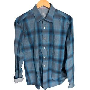 Bucatchi Plaid Dress‎ Shirt Mens Long Sleeve Blue Patterned Shaped Fit